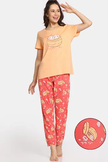 Buy Rosaline Bon Appetit Knit Cotton Sleep Pyajama - Deep Sea Coral